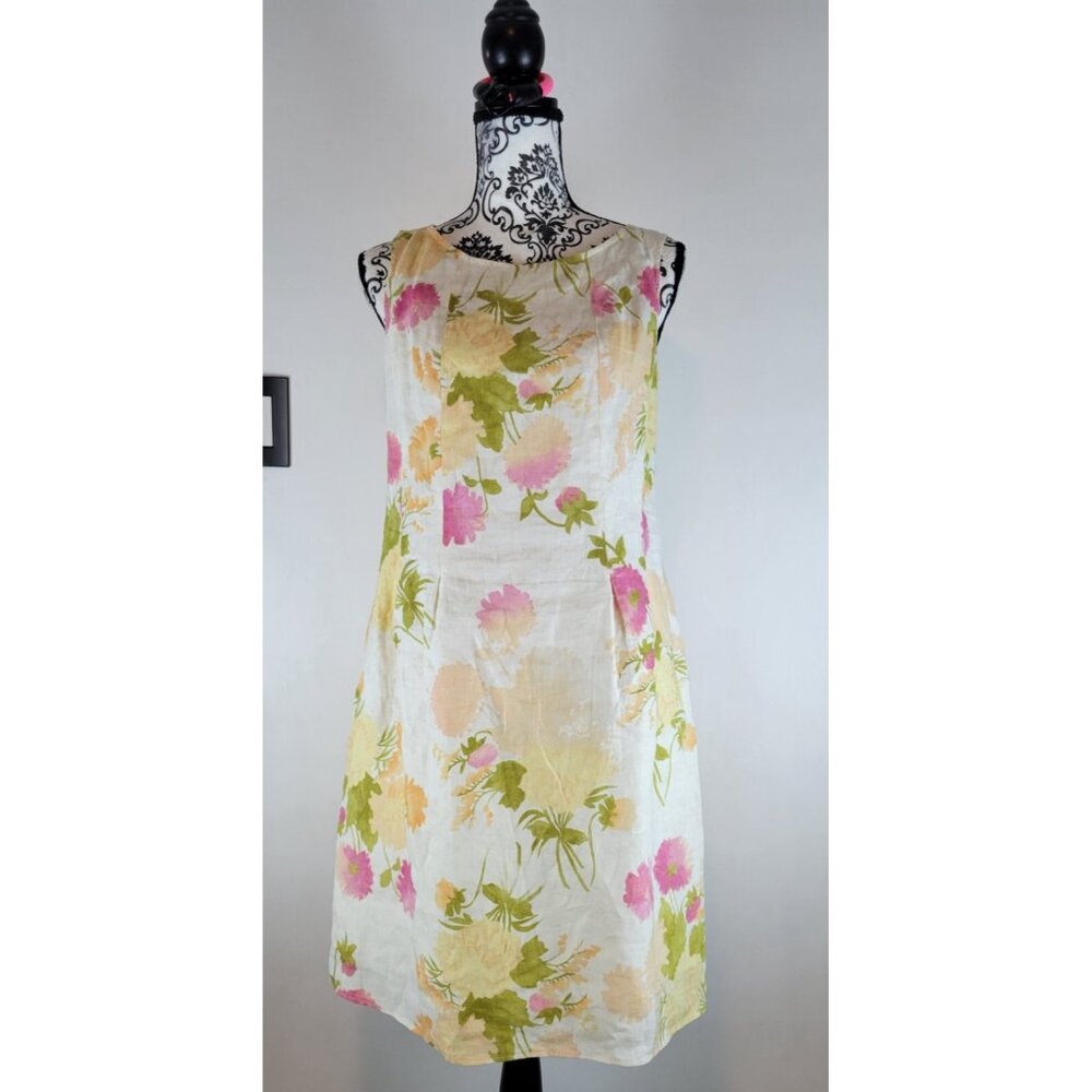 J Jill Dress Linen Sand Beige Floral 100% Linen Dress Womens Sz 8P